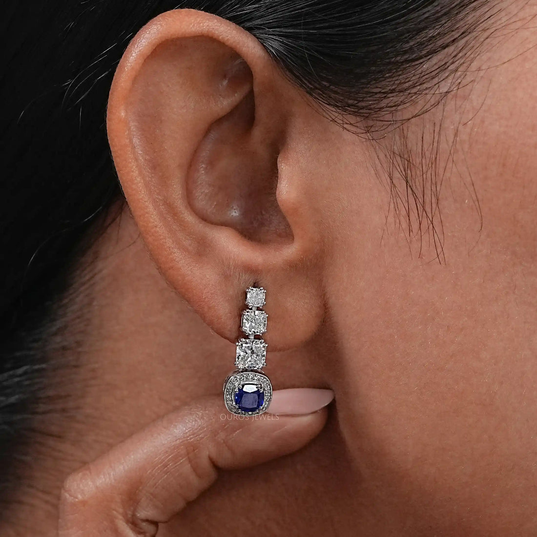 Sapphire Cushion Gemstone And Lab Diamond Dangle Earrings