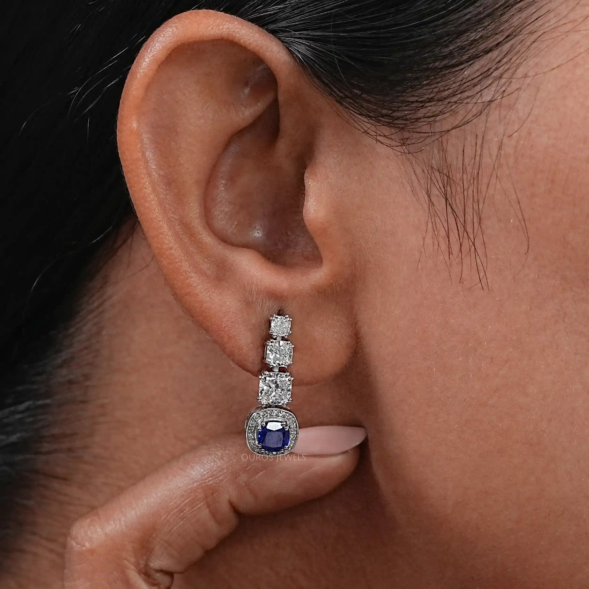 Sapphire Cushion Gemstone And Lab Diamond Dangle Earrings