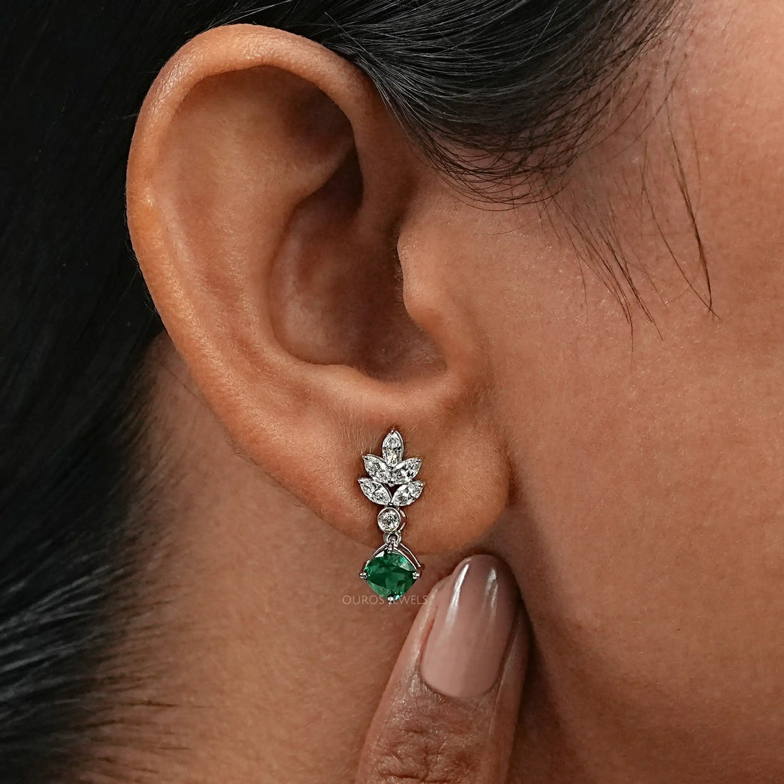 Green Gemstone Cushion And Marquise Drop Earrings Earring