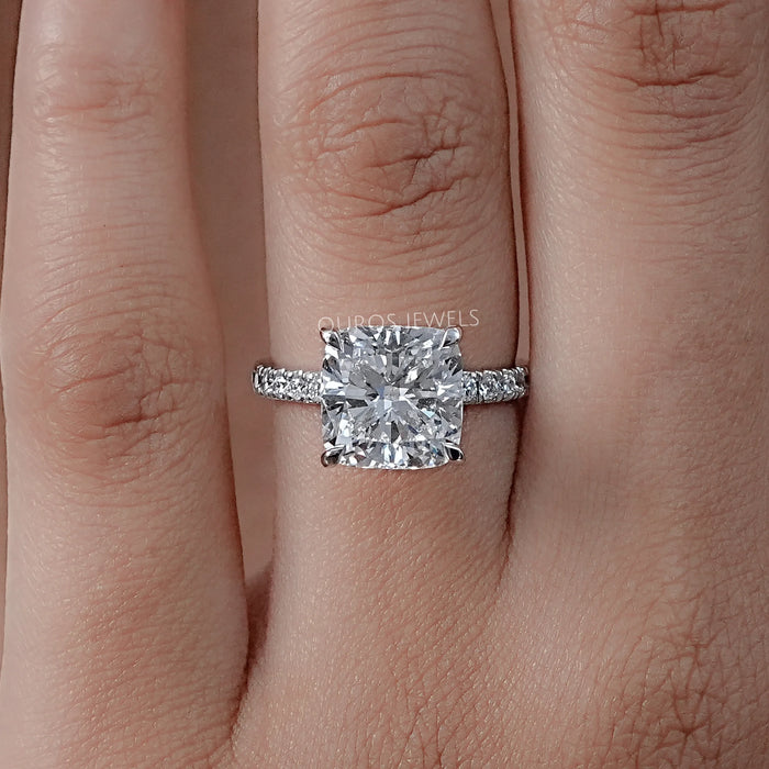 front view of cushion cut lab diamond solitaire hidden halo engagement ring