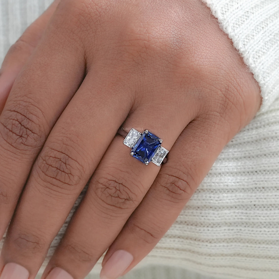 Sapphire Radiant And Lab Diamond Three Stone Ring Ring