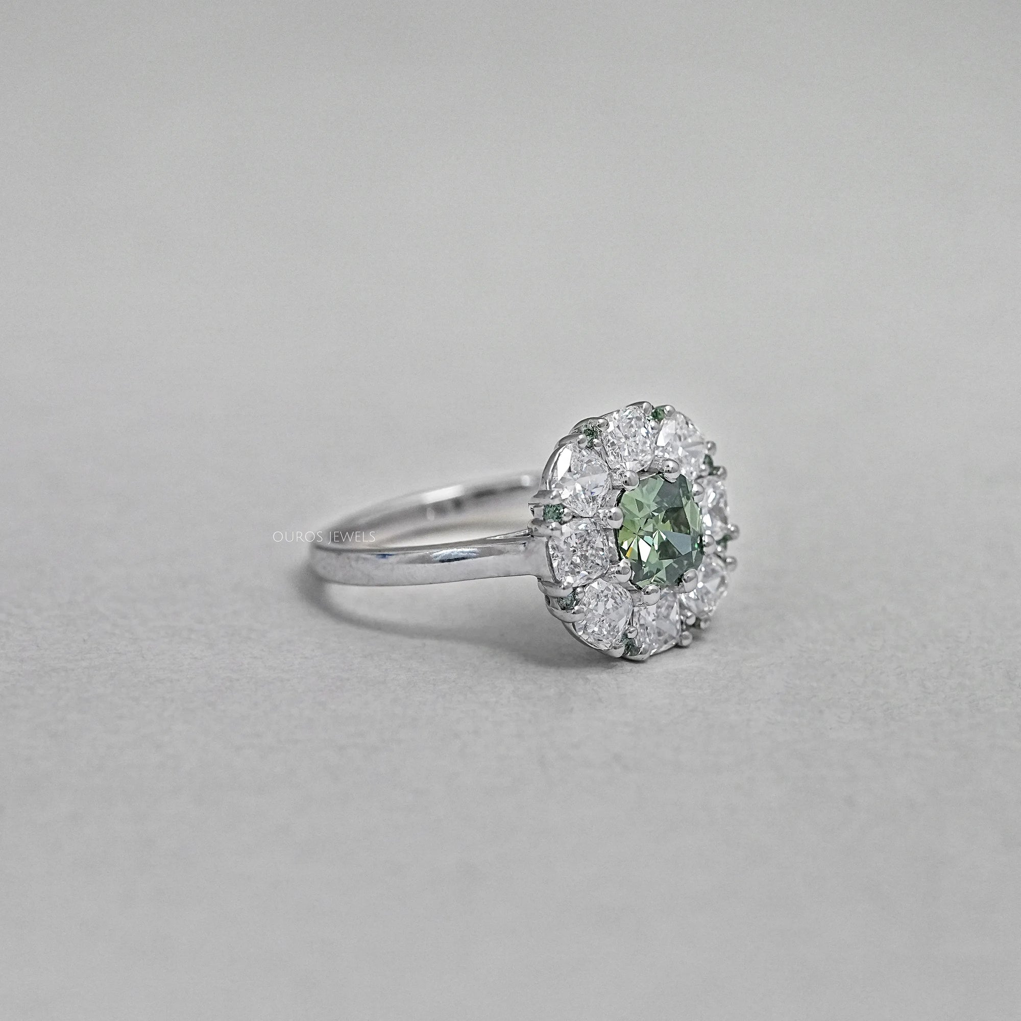 Green Cushion Cut Lab Diamond Halo Engagement Ring Ring