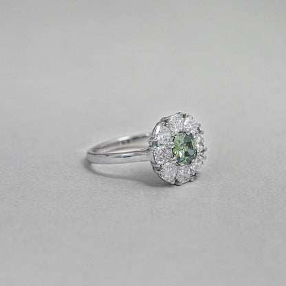 Green Cushion Cut Lab Diamond Halo Engagement Ring Ring