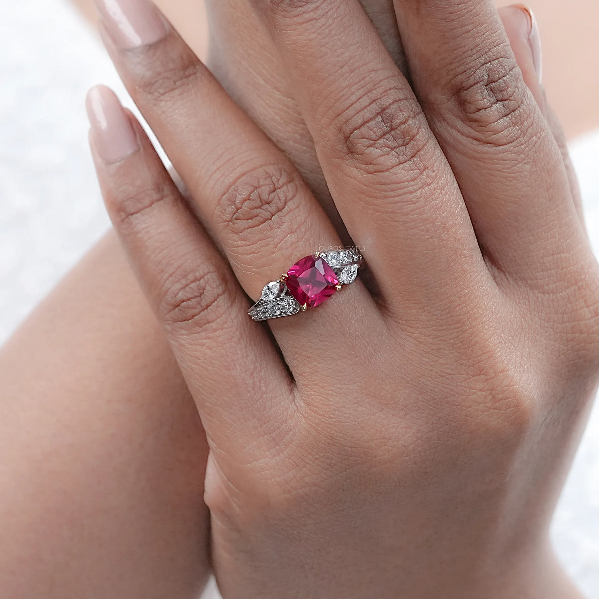 Ruby Cushion Gemstone And Lab Diamond Split Shank Ring Rings