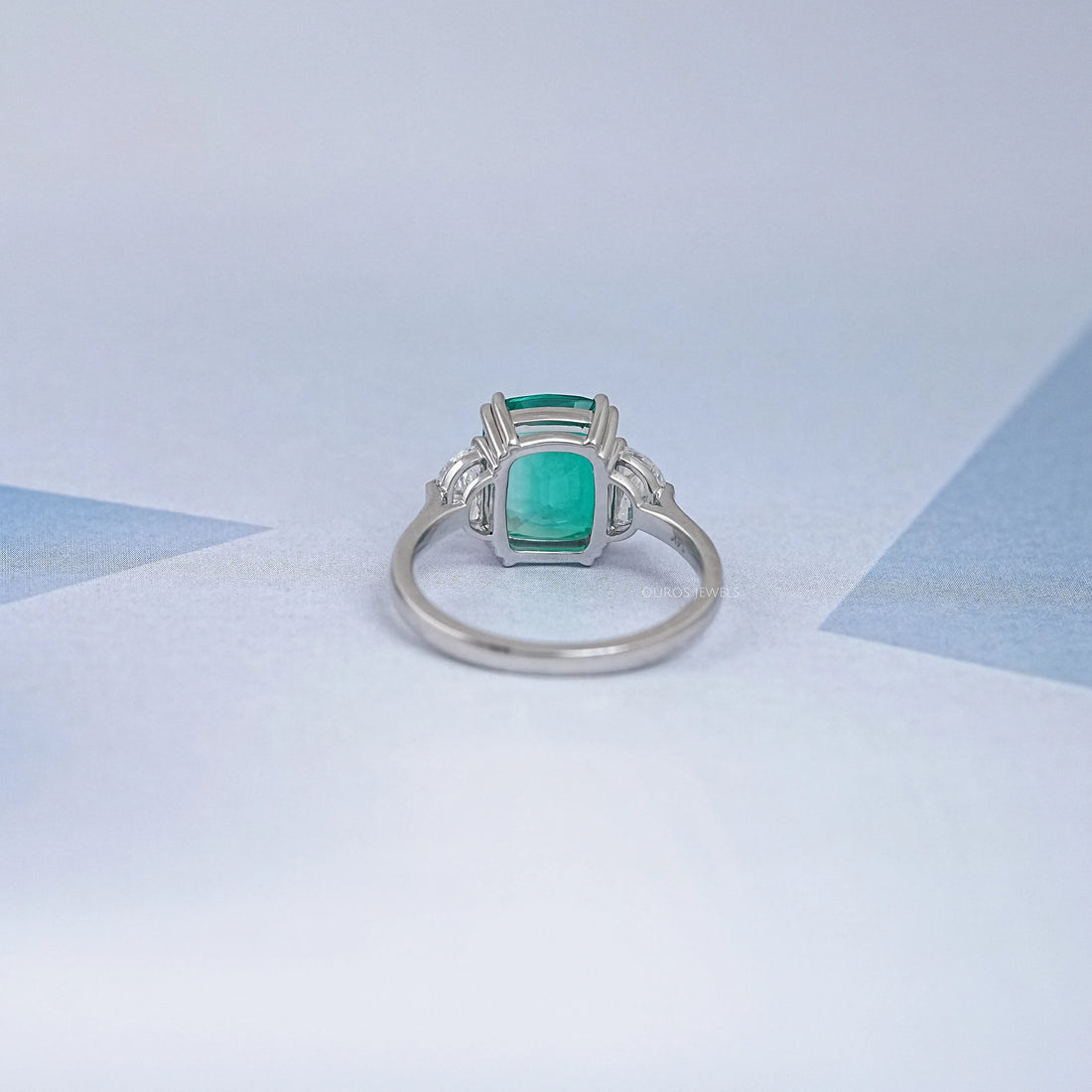 Green Cushion And Half Moon Trio Engagement Ring Rings