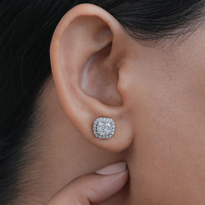 Cushion Diamond Halo Stud  Earrings