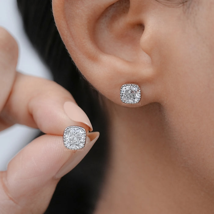 Milgrain Cushion Lab Grown Diamond Stud Earrings