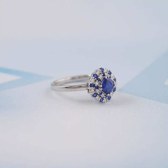 Cushion Sapphire Double Halo Engagement Ring