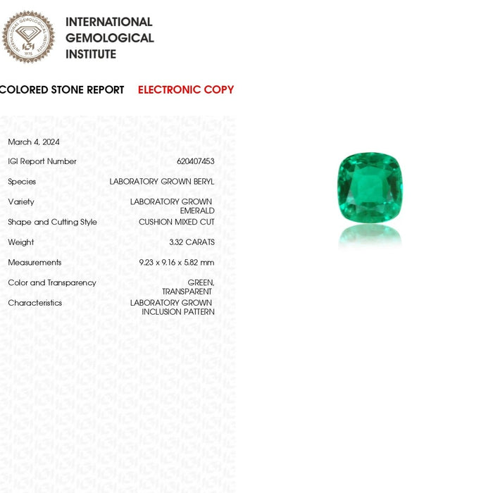 IGI Certified  Cushion Shape Colombian Emerald Gemstone