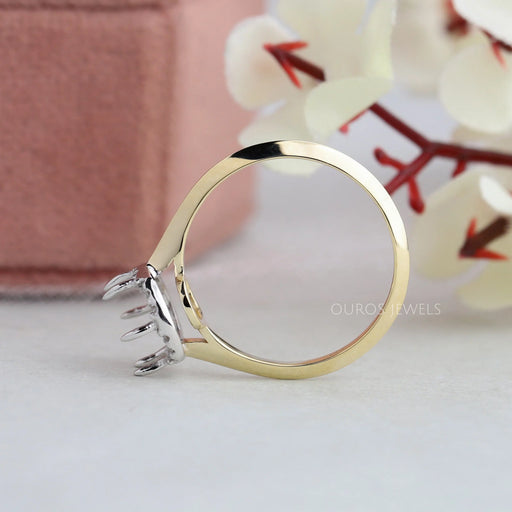 back fall view of cushion-cut semi-mount halo engagement ring with yellow gold band