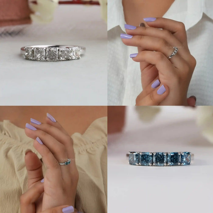 Bague à cinq pierres avec diamants cultivés en laboratoire à taille coussin