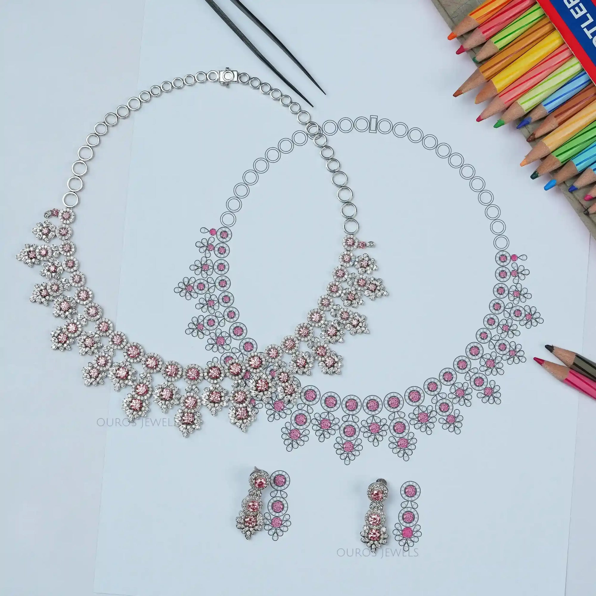 Pink Round Cut Lab Diamond Bridal Necklace Set Necklaces