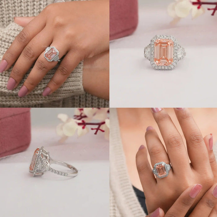 Bague de fiançailles à trois pierres taille émeraude rose