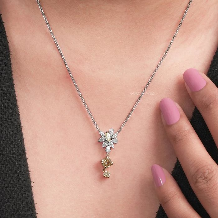 Yellow Asscher And Pear Diamond Cluster Pendant
