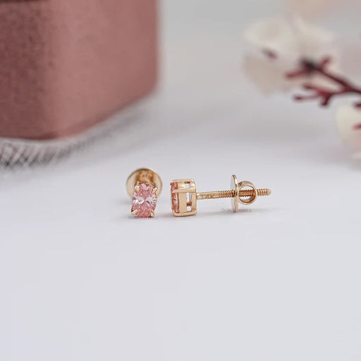 Fancy Pink Stud Earrings, 14K Yellow Gold Oval Stud