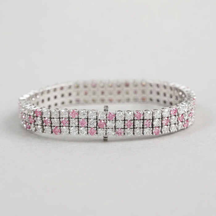 Fancy Pink Round Cut Three Row Lab Diamond Bracelet