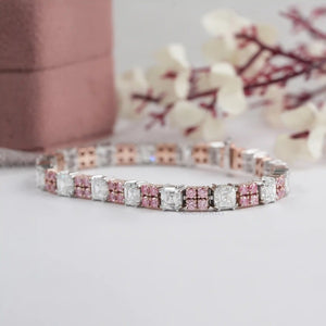 Bracelet de tennis avec diamant rond rose taille Asscher