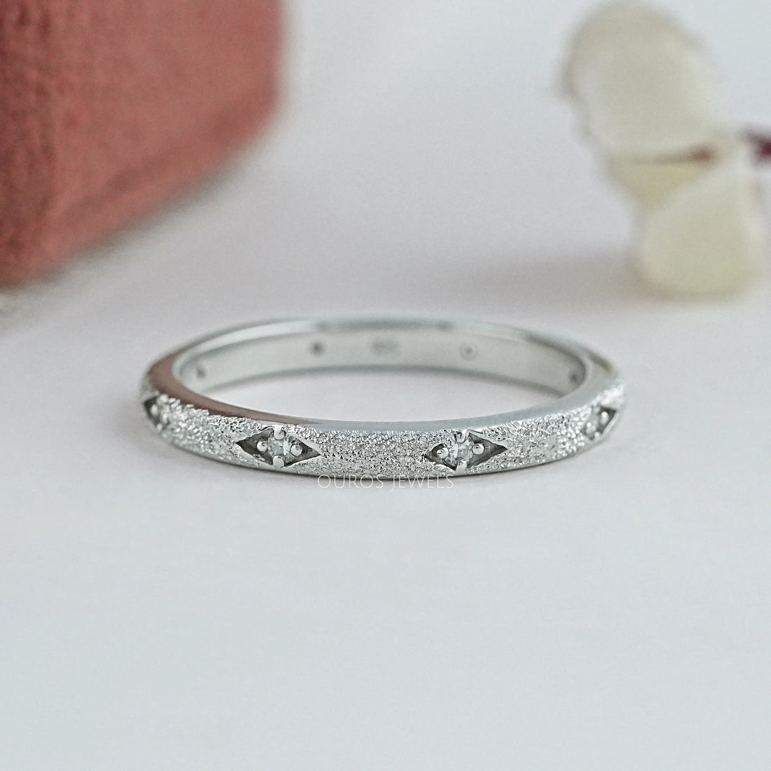Textured Finish Dainty Diamond Wedding Band Ring