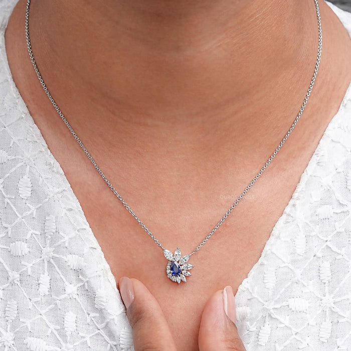 Blue Sapphire And Diamond Floral Cluster Pendant Necklace