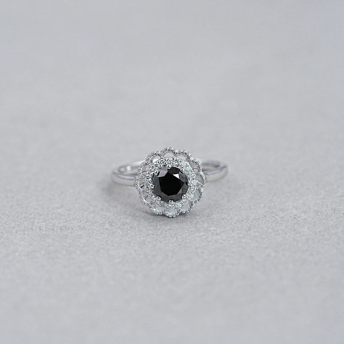 Double Halo Round Shape Black Diamond  Engagement  Ring