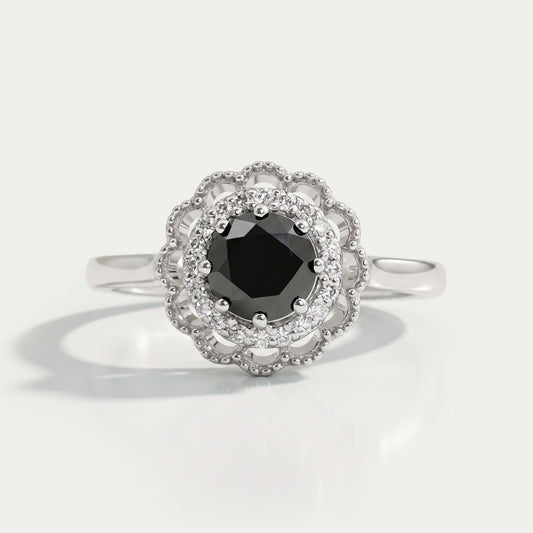 Double Halo Round Shape Black Diamond Engagement Ring Rings
