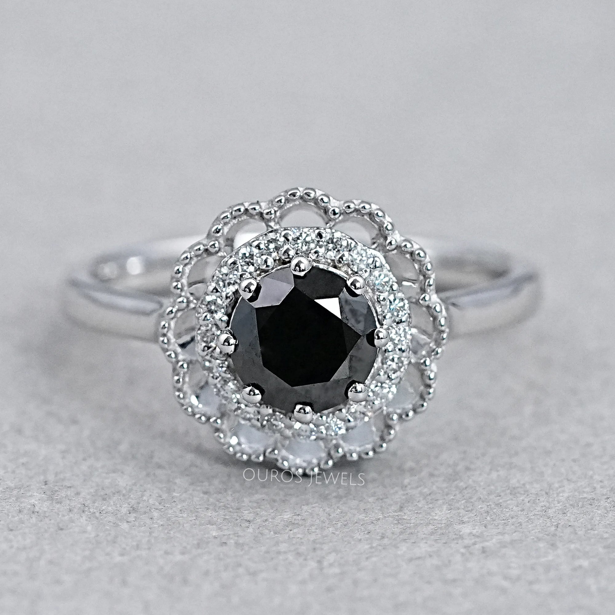 Double Halo Round Shape Black Diamond Engagement Ring Rings