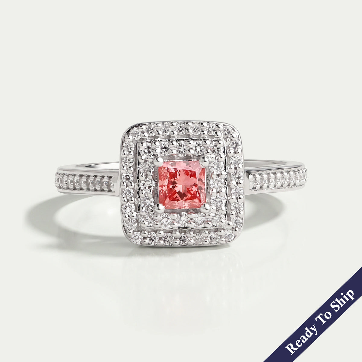 Pink Princess Cut Double Halo Engagement Ring