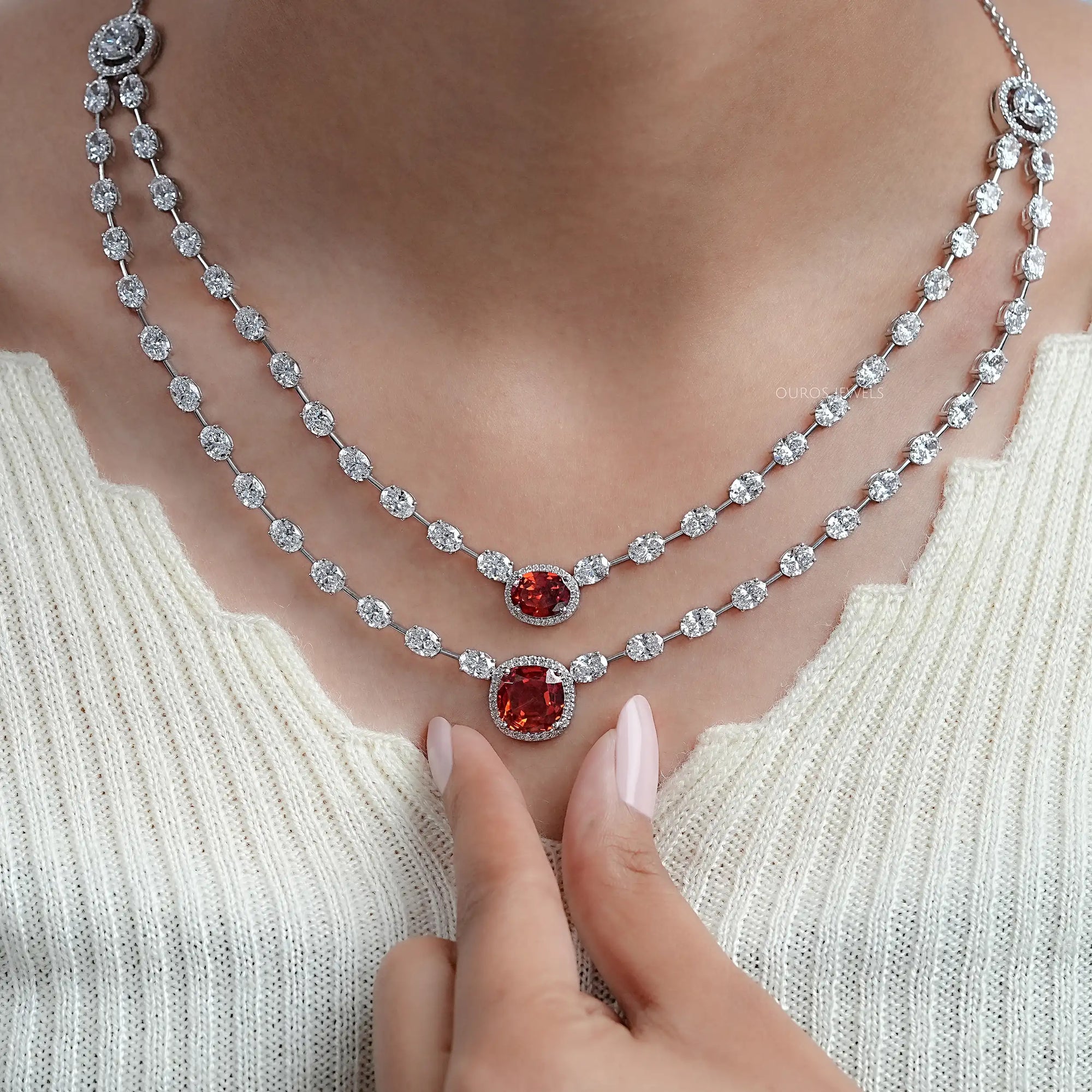 Double Layer Ruby Cushion And Oval Halo Tennis Necklace Necklaces
