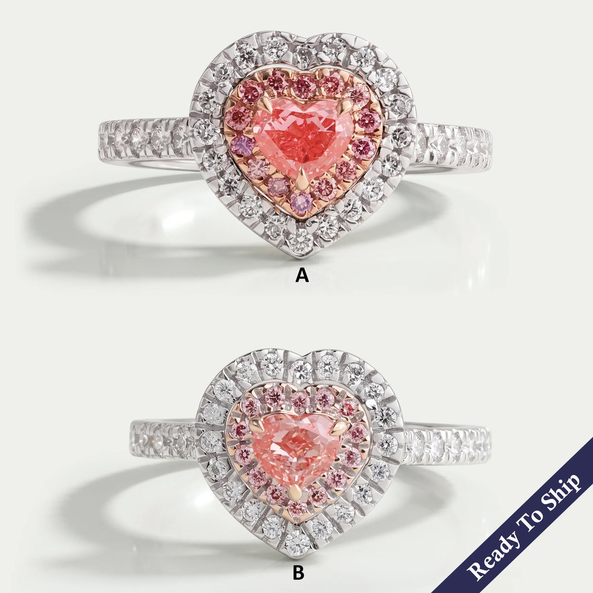 Pink Heart Diamond Double Halo Solitaire Accent Engagement Ring