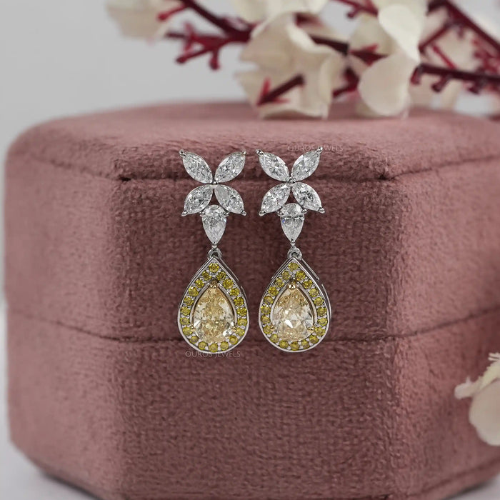Yellow Pear Diamond Halo Drop Earrings