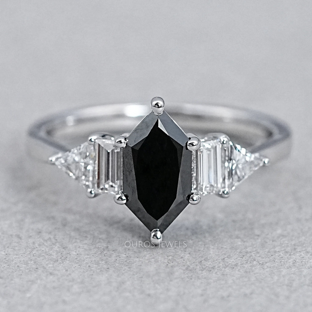 front view of dutch marquise black diamond five stone solitaire anniversary ring