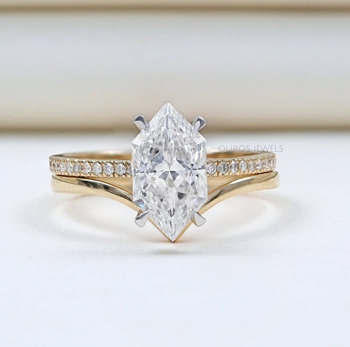 front view of dutch marquise-cut diamond curved engagement ring set with 2 yellow bands