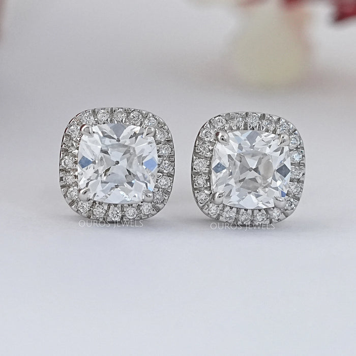 Square Old Mine Cushion Diamond Halo Stud Earrings