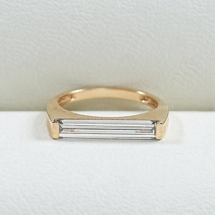 front view of east west baguette lab diamond solitaire engagement ring