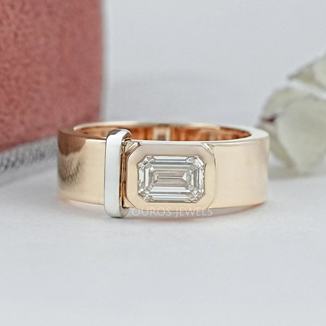 East West Emerald Diamond Bezel Set Men's Band Ring