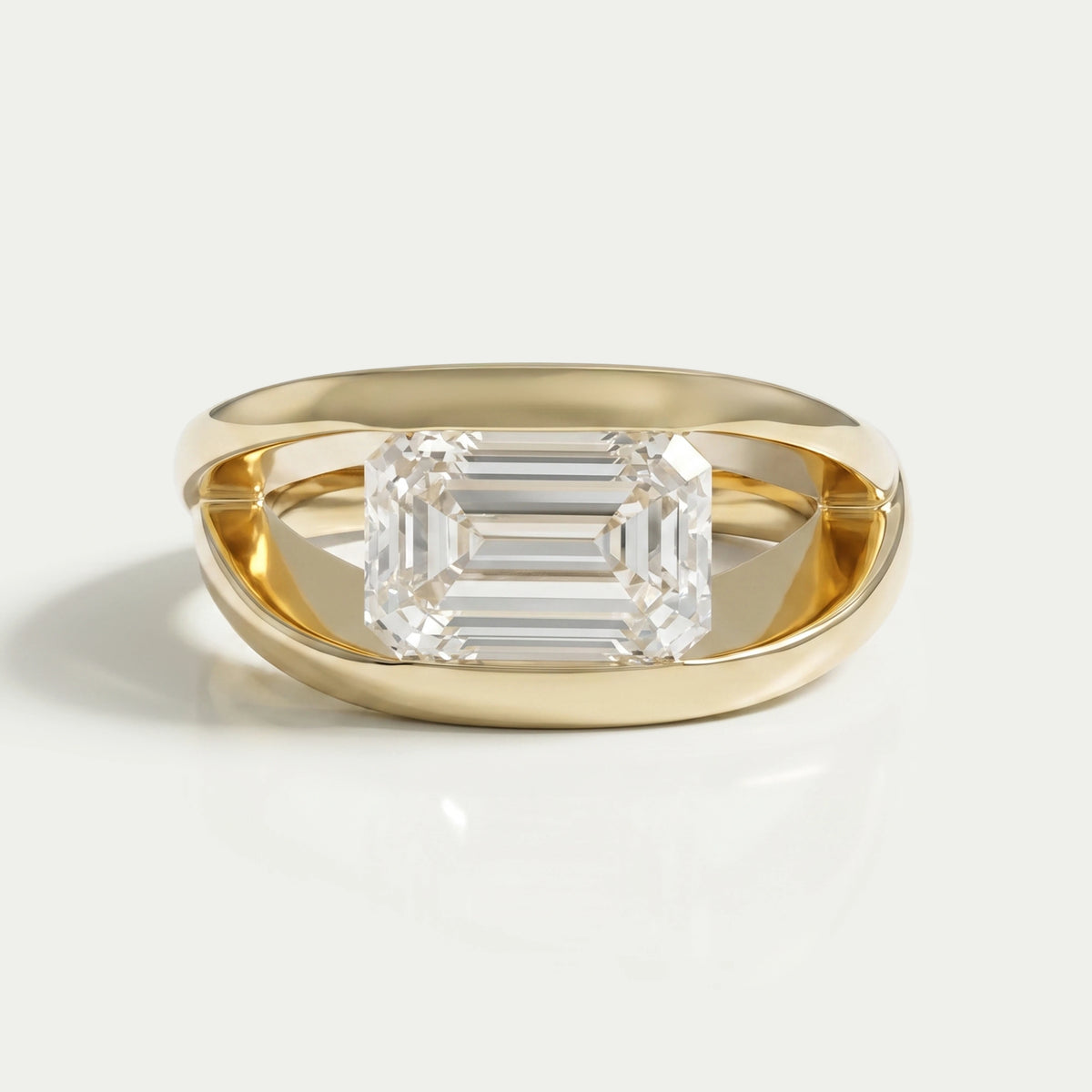 East West Emerald Diamond Cross Spilt Shank Ring Rings