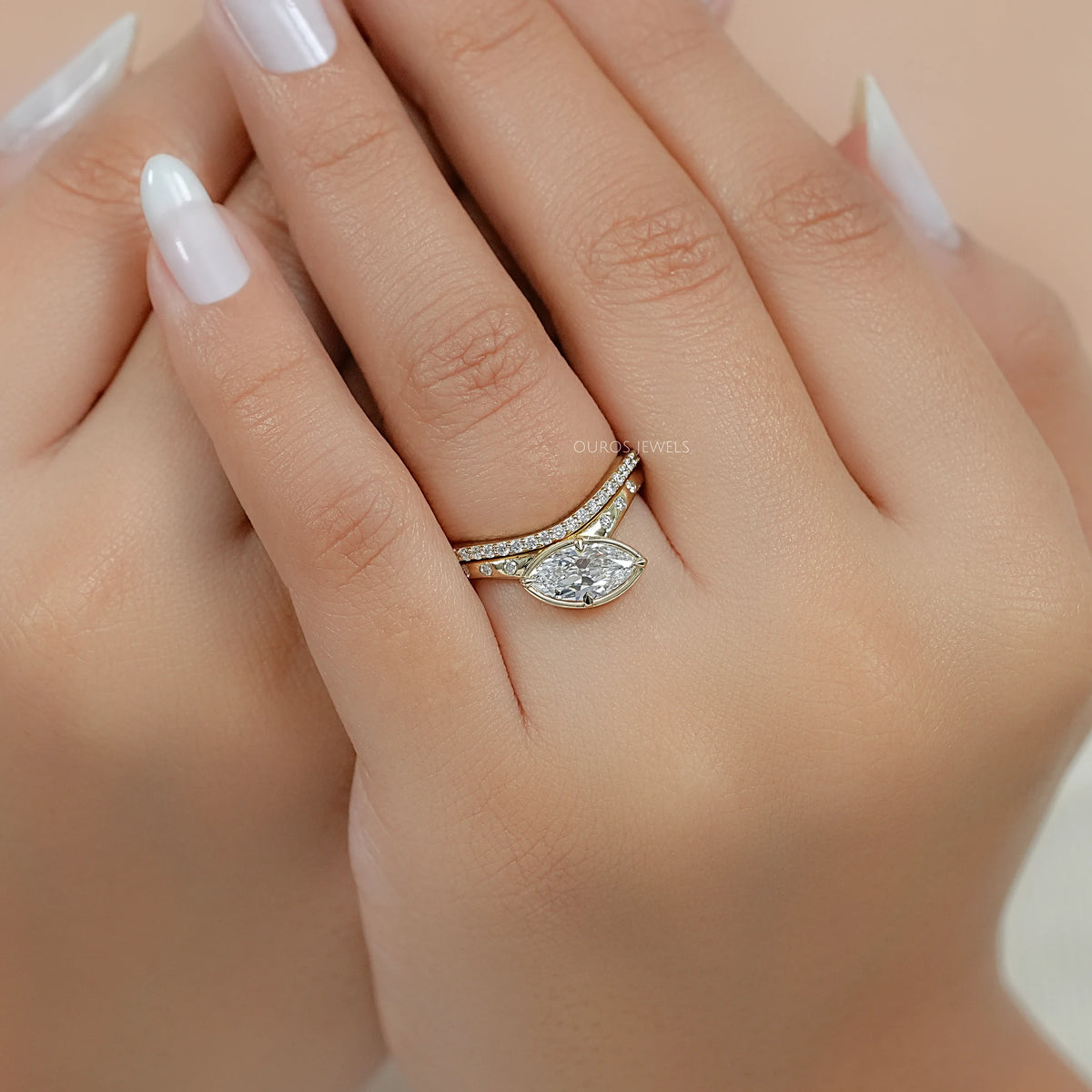 East West Old Mine Marquise Cut Curved Bridal Ring Set