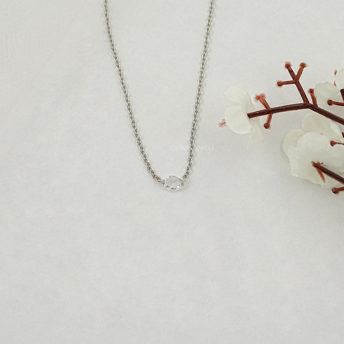 East West Rose Cut Oval Diamond Solitaire Necklace Necklaces