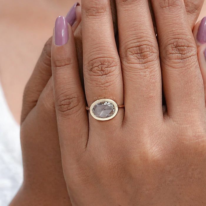 East West Rose Cut Oval Lab Diamond Bezel Solitaire Ring