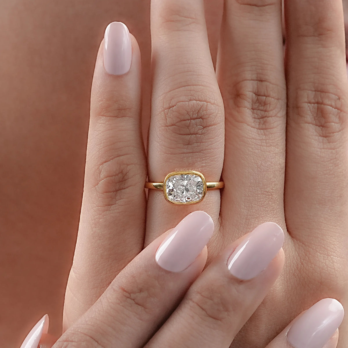 East West Cushion Diamond Bezel Set Solitaire Ring Rings