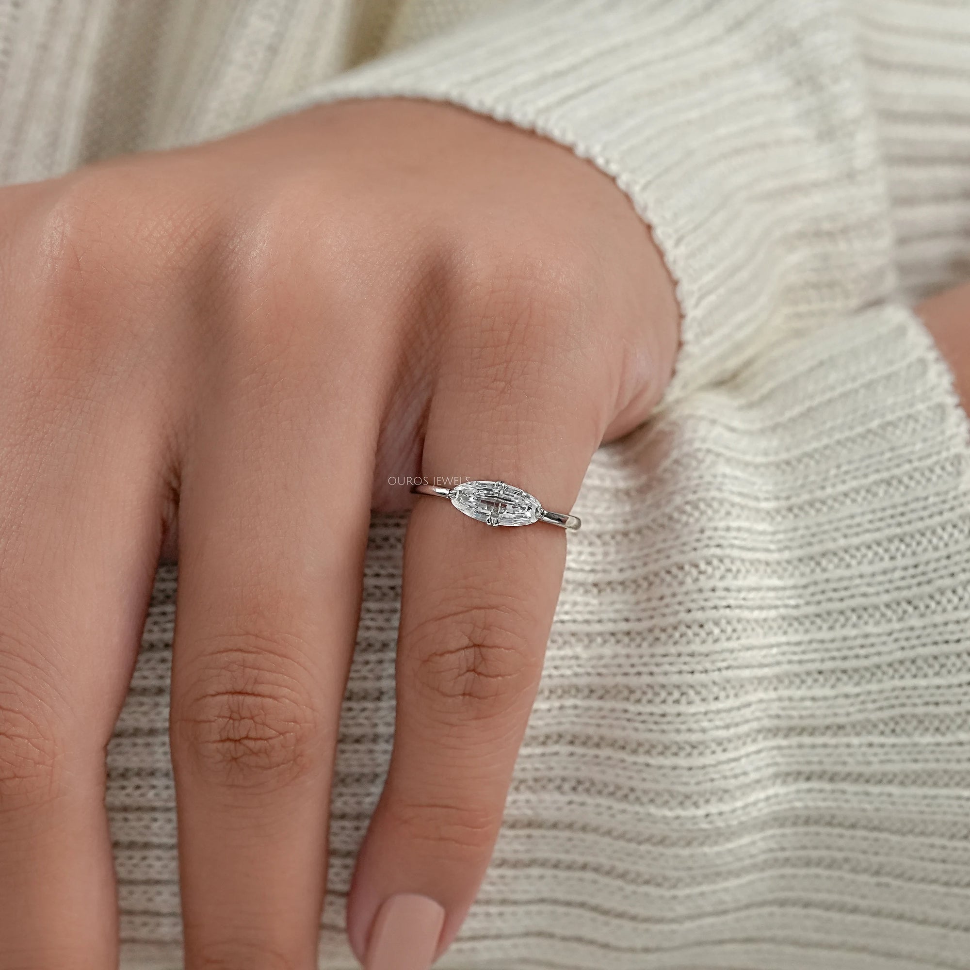 East West Step Cut Moval Lab Diamond Solitaire Ring