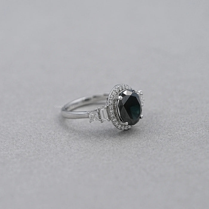 Black Oval Cut Halo With Accent Diamond Ring