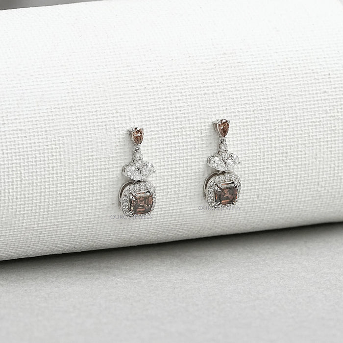 Chocolate Asscher Cut Halo Dangle Earrings