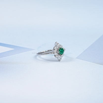 Lab Green Cushion Shape Halo Gemstone Ring Ring