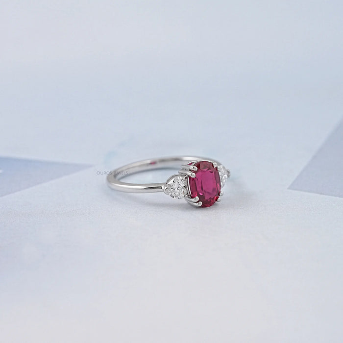 Oval Cut Red Ruby Three Stone Ring