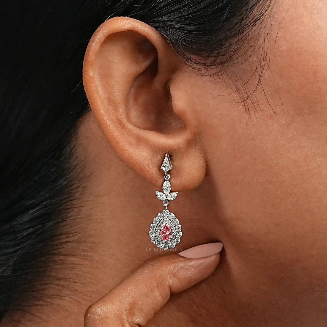 Pink Pear Shape Double Halo Drop Earrings Earrings