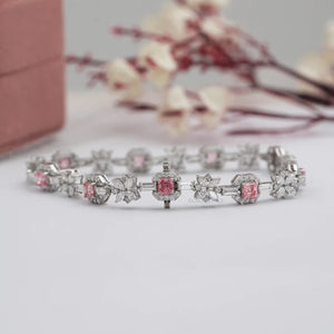 Bracelet tennis en diamants Asscher roses et fleurs