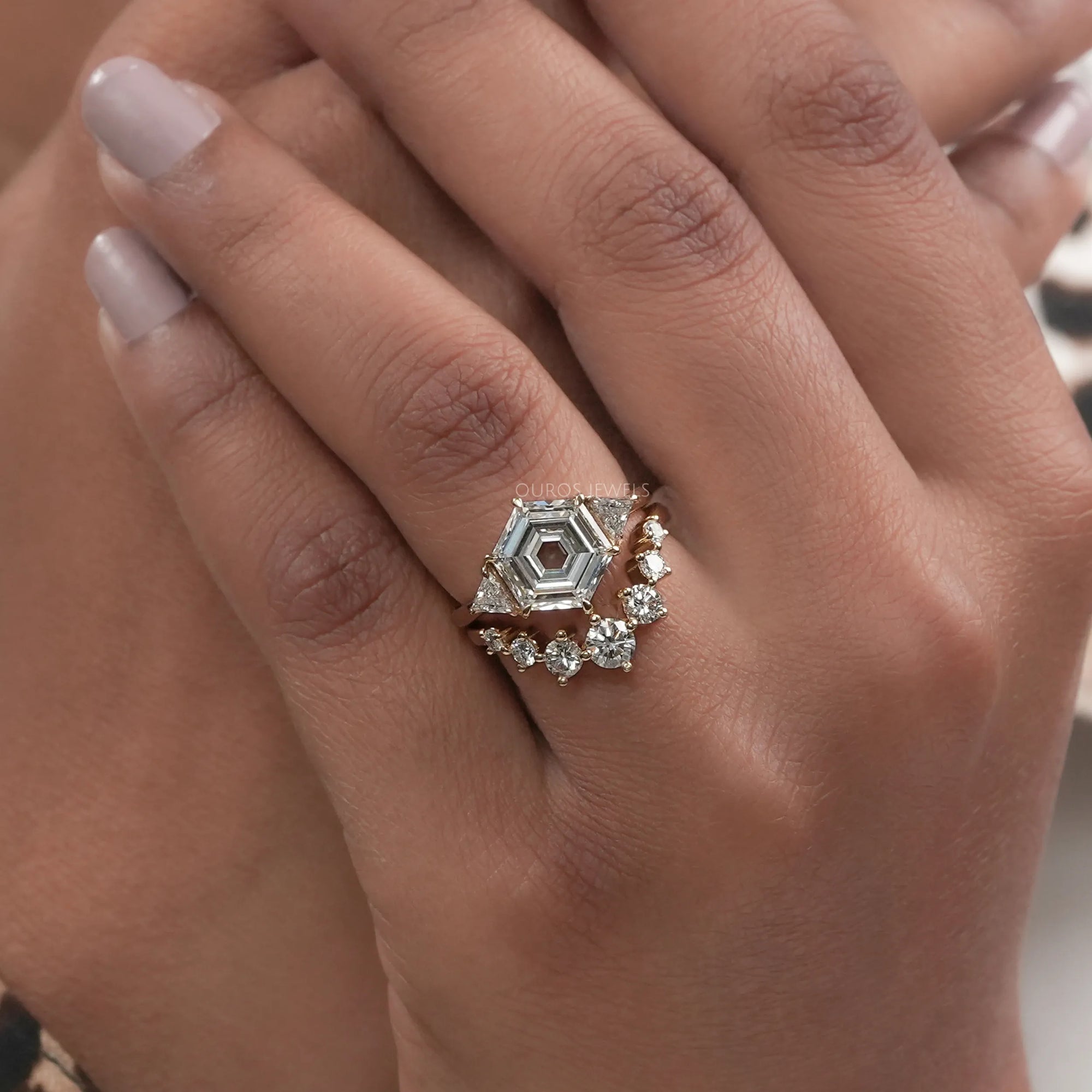 Antique Hexagon Cut Three Stone Curved Bridal Ring Set Rings