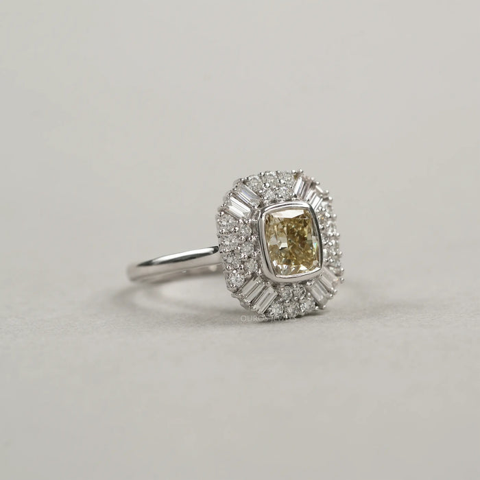 Yellow Cushion Cut Bezel Set Cluster Diamond  Ring