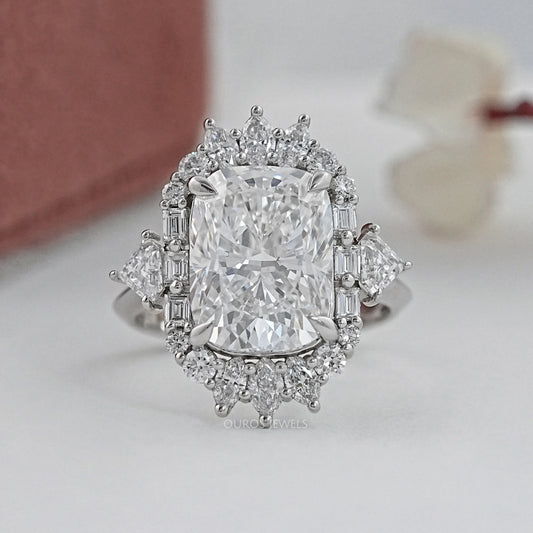 Elongated Cushion Halo Diamond With Baguette & Round Engagement Ring Rings